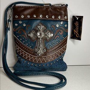 Jade Brand Teal Blue & Brown Crossbody Bag with Crystal Cross & Rhinestones